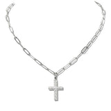 110228, PAVE CROSS PENDANT STAINLESS STEEL PAPERCLIP CHAIN NECKLACE