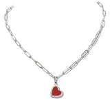110229, ENAMEL HEART PENDANT STAINLESS STEEL PAPERCLIP CHAIN NECKLACE