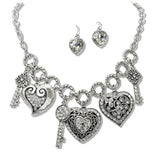 110234, FILIGREE ACCENT PAVE HEART LOCK KEY CHARM NECKLACE