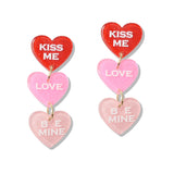 110261, KISS ME LOVE BE MINE GLITTER ACRYLIC HEART DANGLE EARRING