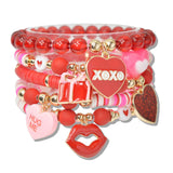 110279, RED XOXO HUG ME HEART CHARM MULTI LAYERED BEADED STRETCH BRACELET