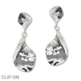 110359, BOLD HAMMERED TEARDROP DANGLE CLIP ON EARRING