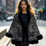 110360, GLAM SEQUIN CAPE TOP WITH FAUX FUR TRIM
