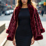 110360, GLAM SEQUIN CAPE TOP WITH FAUX FUR TRIM