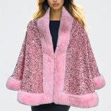 110360, GLAM SEQUIN CAPE TOP WITH FAUX FUR TRIM