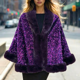 110360, GLAM SEQUIN CAPE TOP WITH FAUX FUR TRIM