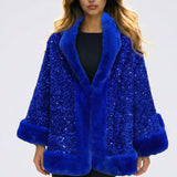 110360, GLAM SEQUIN CAPE TOP WITH FAUX FUR TRIM