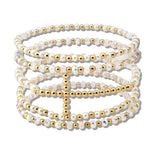 110370, CROSS ACCENT MULTI LAYERED PEARL AND BEADED STRETCH BRACELET