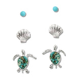 110373, OCEAN TURQUOISE ACCENT SEA TURTLE AND SEASHELL STUD EARRING SET