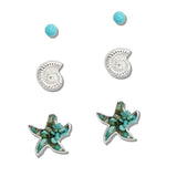 110374, OCEAN TURQUOISE ACCENT STARFISH AND SEASHELL STUD EARRING SET