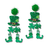 110386, ST PATRICKS DAY LEPRECHAUN HAT CLOVER GLITTER ACRYLIC EARRING