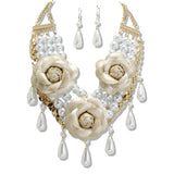 110393, FAUX LEATHER FLOWER WITH PEARL DROP STATMENT NECKLACE