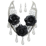 110393, FAUX LEATHER FLOWER WITH PEARL DROP STATMENT NECKLACE