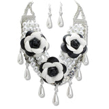 110393, FAUX LEATHER FLOWER WITH PEARL DROP STATMENT NECKLACE