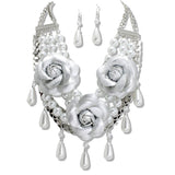 110393, FAUX LEATHER FLOWER WITH PEARL DROP STATMENT NECKLACE