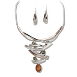 110394, SILVER BASED OVAL CELLULOID ACETATE RHINESTONE ACCENT STATMENT NECKLACE