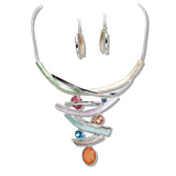 110394, SILVER BASED OVAL CELLULOID ACETATE RHINESTONE ACCENT STATMENT NECKLACE