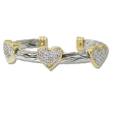 110404, 14K GOLD PLATED TWO TONE CRYSTAL HEART CABLE CUFF BRACELET