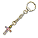 110414, 14K GOLD PLATED MULTI COLOR CUBIC ZIRCONIA CROSS KEYCHAIN
