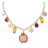110428, TEACHER APPLE PENCIL AND FLOWER POLYMER CLAY CHARM NECKLACE
