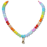 110522, RAINBOW NATURAL STONE BEAD NECKLACE WITH BUBBLE INITIAL CHARM A TO J