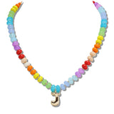 110522, RAINBOW NATURAL STONE BEAD NECKLACE WITH BUBBLE INITIAL CHARM A TO J