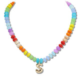 110522, RAINBOW NATURAL STONE BEAD NECKLACE WITH BUBBLE INITIAL CHARM K TO T