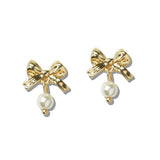 110594, BRASS BOW AND FAUX PEARL STUD EARRINGS