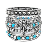 110601, WESTERN STEER HEAD TURQUOISE MULTI LAYERED STRETCH BRACELET