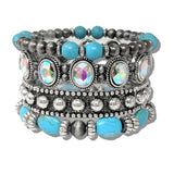 110602, WESTERN CRYSTAL AND TURQUOISE MULTI LAYERED BEADED STRETCH BRACELET