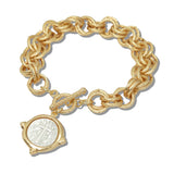 110609, TWO TONE ENGRAVED CROSS TOGGLE BRACELET