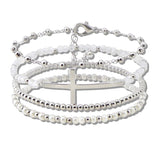 110633, SIDE CROSS ACCENT MULTI LAYERED BEADED STRETCH BRACELET