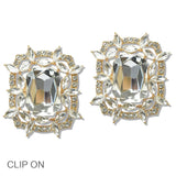 110666, GOLD TONE RECTANGULAR EMERALD CUT RHINESTONE CLIP ON EARRING