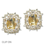 110666, GOLD TONE RECTANGULAR EMERALD CUT RHINESTONE CLIP ON EARRING