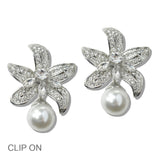 110677, CRYSTAL PEARL FLORAL DROP CLIP ON EARRINGS