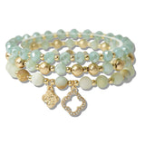 110709, CLOVER CHARM NATURAL STONE MULTI LAYERED BEADED STRETCH BRACELET