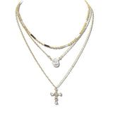 110715, LAYERED FRESWHWATER PEARL AND CRYSTAL CROSS NECKLACE SET