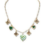 110725, ST PATRICKS DAY CHECKERED HEART AND CLOVER CHARM NECKLACE