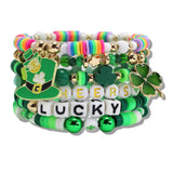110727, ST PATRICKS DAY CHEERS LUCKY HEISHI BEAD MULTI LAYERED STRETCH BRACELET