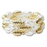 110790, FRESHWATER PEARL AND FLUTED GOLD MULTI LAYERED STRETCH BRACELET