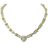 111049, 14K GOLD PLATED HEART CZ INDUSTRIAL LINK DESIGNER INSPIRED NECKLACE