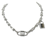 111051, 14K GOLD PLATED PAVE CZ LOCK INDUSTRIAL LINK DESIGNER INSPIRED NECKLACE