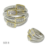 111110, 14K GOLD PLATED TWO TONE TEXTURED PAVE CZ RIBBED DESIGNER INSPIRED RING wholesale fashion jewelry - GOOD FEELINGS, INC