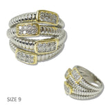 111110, 14K GOLD PLATED TWO TONE TEXTURED PAVE CZ RIBBED DESIGNER INSPIRED RING wholesale fashion jewelry - GOOD FEELINGS, INC