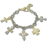 111122, 14K GOLD PLATED MULTI CROSS CHARM DESIGNER INSPIRED BRACELET wholesale fashion jewelry - GOOD FEELINGS, INC