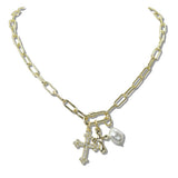 111134, 14K GOLD PLATED CZ CROSS AND FRESHWATER PEARL CHARM DESIGNER INSPIRED NECKLACE wholesale fashion jewelry - GOOD FEELINGS, INC