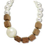 111148, CHUNKY PEARL AND NATURAL WOOD BEAD STATEMENT NECKLACE wholesale fashion jewelry - GOOD FEELINGS, INC