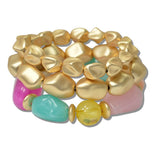 111208, MATTE GOLD AND RESIN NUGGET BEADED MULTI LAYERED STRETCH BRACELET wholesale fashion jewelry - GOOD FEELINGS, INC