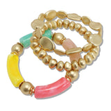 111211, MATTE GOLD AND RESIN BAR MULTI LAYERED STRETCH BRACELET wholesale fashion jewelry - GOOD FEELINGS, INC