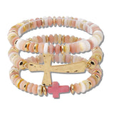 111215, HAMMERED METALLIC AND DISC BEAD CROSS MULTI LAYERED STRETCH BRACELET wholesale fashion jewelry - GOOD FEELINGS, INC